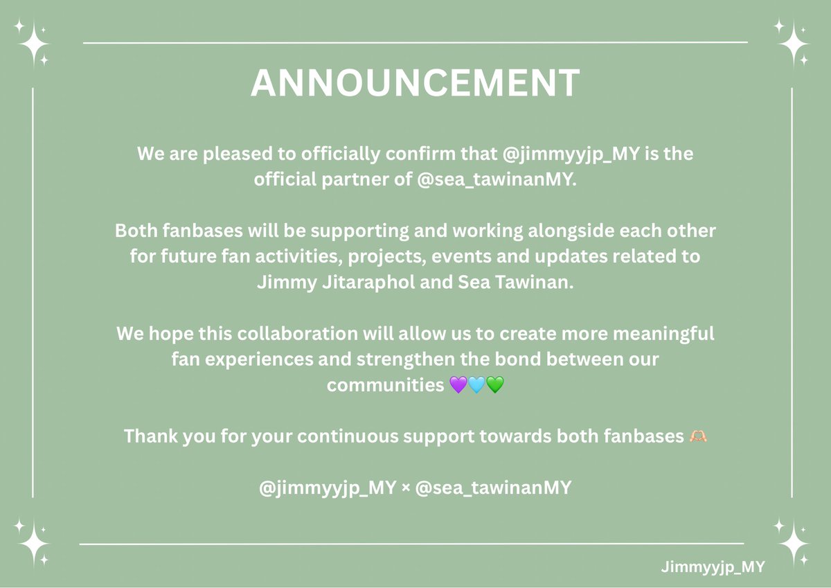 Jimmyyjp_MY's tweet photo. 📢 OFFICIAL CONFIRMATION 💙

We are pleased to officially confirm that @jimmyyjp_MY is the official partner of @sea_tawinanMY

#JimmyyjpMY #seatawinanMY https://t.co/zVKHF9NBXD