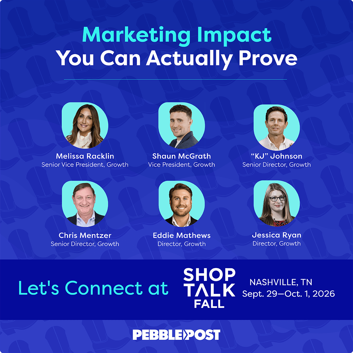 PebblePostPDM's tweet photo. Boots on the ground. Eyes on measurable growth. 🤠 

Team PebblePost is at @shoptalk Fall this week, ready to connect with retail marketers navigating an increasingly complex customer journey and the pressure to prove real business impact.

We help leading brands tackle those challenges with Programmatic #DirectMail and Performance #CTV, built for incremental outcomes and fueled by cross-brand purchase data and real-time intent signals.

If you’re in Nashville this week, let's chat in person. 

#shoptalk #performancemarketing #retailmarketing