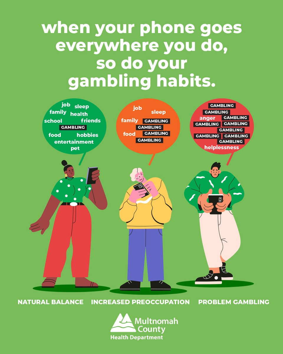 MultCoHealth's tweet photo. 🗓️ It’s Gambling Related Harm Awareness Day

📱It can be harder to resist when all you need is access to a phone or computer to bet on sports, prediction markets, or crypto investing. In the past, placing a bet or buying an asset required physical movement or a phone call. Today, it takes two clicks.

If you or someone you know is finding it tough to maintain boundaries around gambling, make a plan to slow things down:

💻 Tech Barriers: Use website blockers or an app to restrict access during specific hours.
💶 Financial Barriers: Keep trading or betting funds in a completely separate account with no instant-transfer links to your main checking account.
🔕 Notification Silencing: Turn off all push alerts from financial or betting apps to stop them from pulling your attention back in.
🧊 Cooling-Off Periods: Many platforms have built-in "safe gambling" tools that let you lock yourself out of your account for days, weeks, or months at a time.

📞To learn more about free and confidential counselors and other resources to help with anyone that experiences harm from their gambling, call: 1-877-MY-LIMIT, en Espanol 1-844-888-2537, or go to https://t.co/hV9TRBUrdK. 

This free support is also available for those affected by someone else’s gambling. Reach out today to find resources that are right for you.