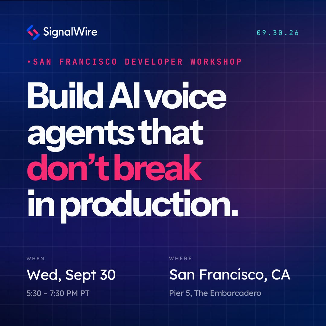 SignalWire's tweet photo. TOMORROW: We're coming to San Francisco for a free hands-on voice AI building workshop.
You walk out with:
- A working voice agent
- An AI-driven IVR
- Function fillers to kill dead air
- An open-source observability dashboard

Register: https://t.co/PM7aUzPXWl https://t.co/1tq9euPztb
