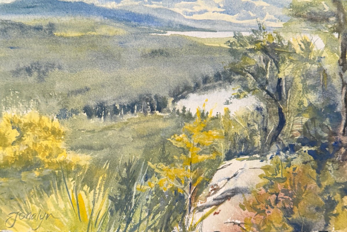 JonalynFincher's tweet photo. I’m standing on sheer granite cliffs overlooking Lake Winnipesaukee. But it's not about the lake.

I wanted to highlight that pond. 

Hidden Gem, 7.5" x 11", original watercolor. SOLD this week to a collector. Get first access to all my paintings at my newsletter.
#wolfeboroart https://t.co/lJW2RlzBON