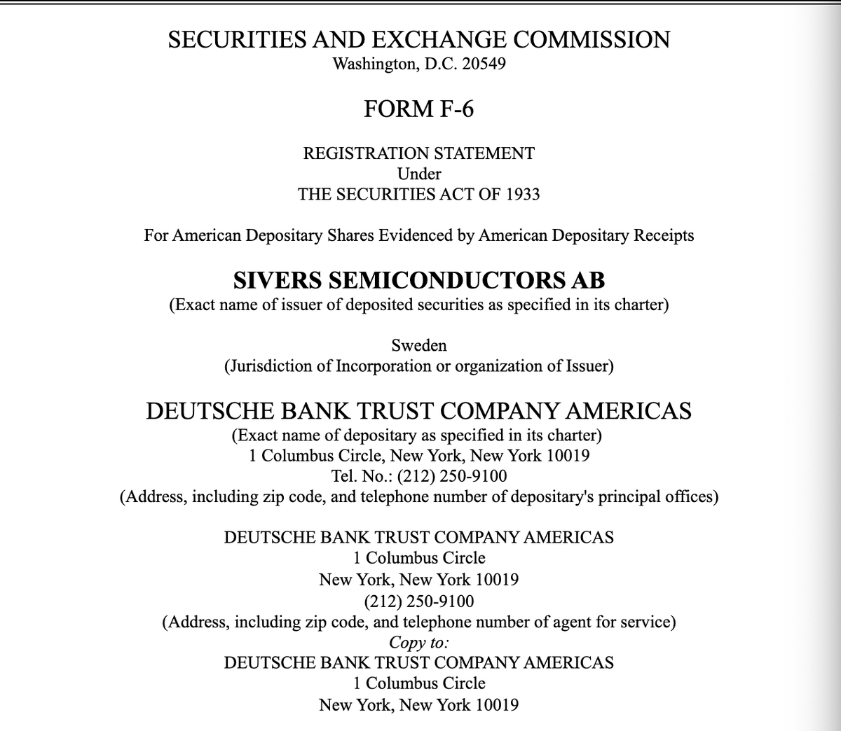 dizaq1's tweet photo. Yesterday, Deutsche Bank Trust Company Americas filed a Form F-6EF with the SEC: an American Depositary Share program for $SIVE.

One of America's biggest banks just built the plumbing for US investors to own $SIVE shares.

25,000,000 ADSs, each representing 3 ordinary shares, capacity for about 75M shares, roughly a fifth of the register, effective immediately upon filing.

This is the bank's filing, not $SIVE's. BUT a major global depositary looked at US investor demand for a Stockholm listed laser company and decided it was worth registering 25 million ADSs of capacity.