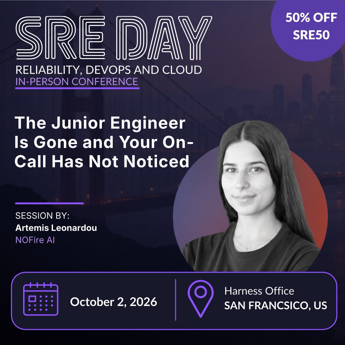 NOFireAI's tweet photo. New engineers are shipping with #AI. Is your on-call training ready?

@artemisllm speaks at @sreday_com  San Francisco on Oct 2, 11:30 a.m. PT.

Come meet her at the Harness office. Use SRE50 for 50% off tickets. https://t.co/l9WeQ7uz7A