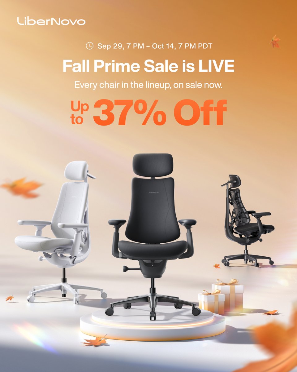 LiberNovo's tweet photo. 🍂This fall, find the support that fits the way you actually sit.

Fall Prime Sale is live — save up to 37% off. 💰

The whole lineup is on sale, from everyday comfort to bigger builds.

Shop the sale → Link in bio.

#LiberNovo #FallPrimeSale #ErgonomicChair #DeskSetup https://t.co/zymtBZ6rZs