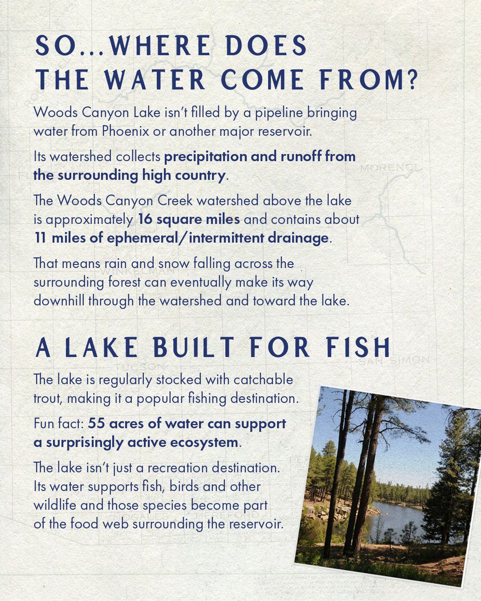 WUIW's tweet photo. Quest for Water: Woods Canyon Lake 🌲

High in the Mogollon Rim, about 30 miles east of Payson, Woods Canyon Lake sits at roughly 7,500 feet far above Arizona’s desert communities. But where does this 55-acre lake get its water?

Woods Canyon Lake is a man-made reservoir, created by an earthen dam across the Woods Canyon Creek drainage. Its watershed collects rain, snow, and runoff from the surrounding high-country forest, eventually carrying that water toward the lake.

Follow the water, and you’ll find an entire ecosystem connected by it. https://t.co/CCJlTyShTu

#WaterUseItWisely #QuestForWater #SmartWaterUse