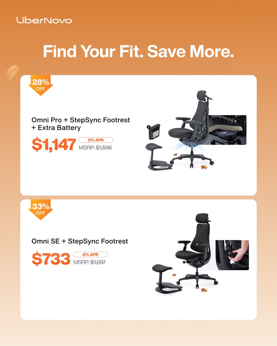 LiberNovo's tweet photo. 🍂This fall, find the support that fits the way you actually sit.

Fall Prime Sale is live — save up to 37% off. 💰

The whole lineup is on sale, from everyday comfort to bigger builds.

Shop the sale → Link in bio.

#LiberNovo #FallPrimeSale #ErgonomicChair #DeskSetup https://t.co/zymtBZ6rZs