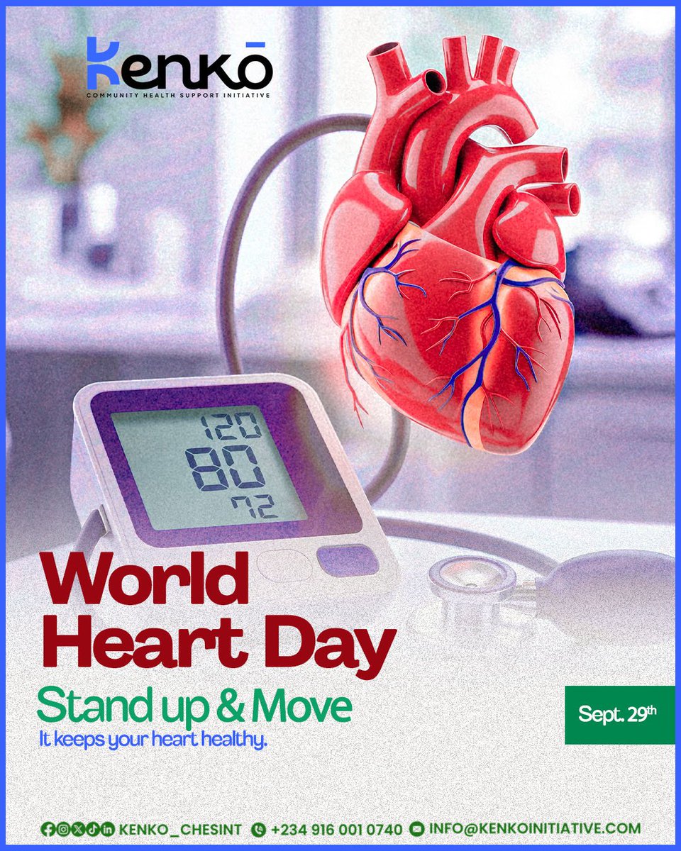 KenkoChesint's tweet photo. Happy World Heart Day. 💚 Your heart works 24/7 for you. Stand up, stretch, take a walk, and check your blood pressure regularly. Abeg no sit down for too long. Your heart go thank you.
#KenkoInitiative #KenkoChesint #WorldHeartDay https://t.co/8iV00UDxKt