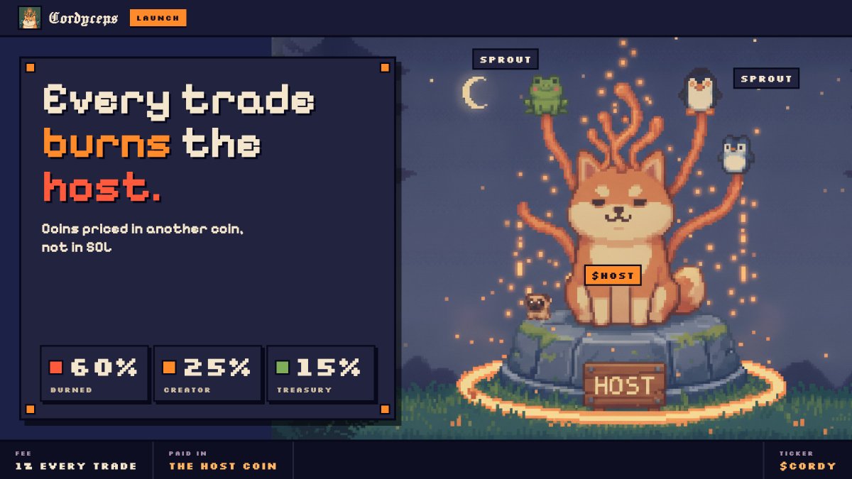cordyceps_sol's tweet photo. Cordyceps is growing on Solana

Pick any https://t.co/6fqA8rJp4w coin with 5 SOL behind it as a host and grow a sprout on it

The sprout trades against the host, never SOL, so every buy of it buys the host first

Every trade pays 1% in the host coin

60% of it is burned, 25% goes to the sprout's creator, 15% to the treasury