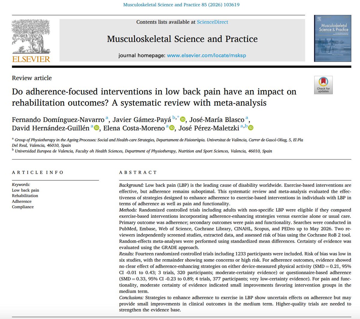 MSKPhysioJnl's tweet photo. Can adherence strategies make exercise-based care for #LowBackPain work better? πββοΈ A meta-analysis of 14 RCTs https://t.co/Xir5BGcQab found uncertain effects on adherence, alongside small medium-term improvements in pain and function. https://t.co/Zqx63UqAS4