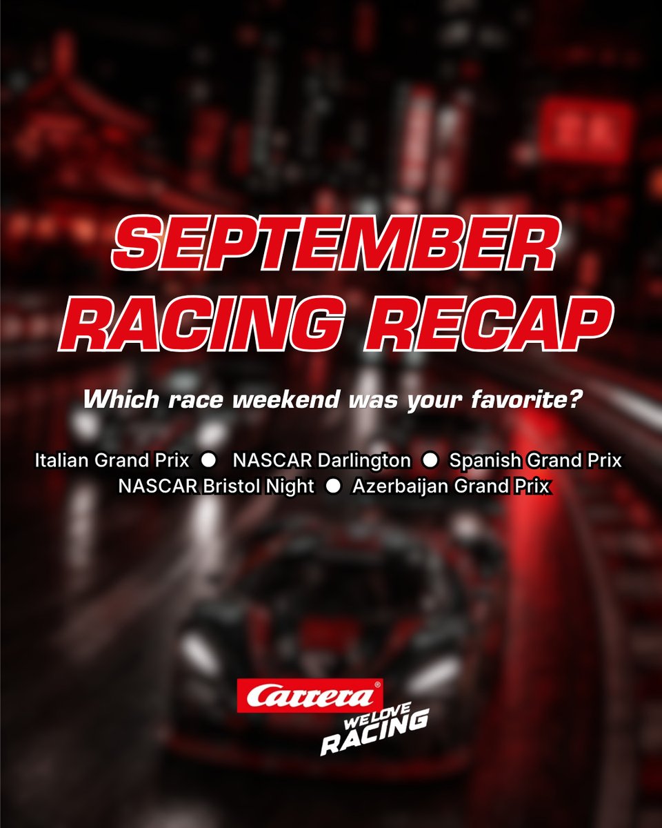 carrera_usa's tweet photo. September said "no weekends off." π
Monza speed. Darlington grit. Spain action. Bristol lights. Unpredictable Baku. ποΈ
Racing fans were well fed. πΏ
Which September race had you glued to the screen? Drop your favorite moment! π₯
#carrera #formula1 #nascar #raceweekend https://t.co/lJQ12Yf0c5