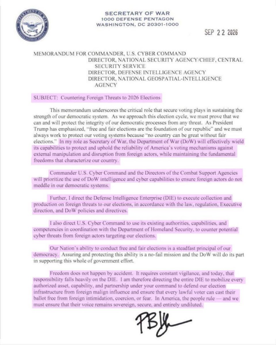 hollyceliano2's tweet photo. Secretary of War Hegseth just ordered Cyber Command, NSA, DIA & NGA to secure our elections, which include:

- Prioritize intel + cyber so foreign actors can't touch U.S. voting systems.

- Collect and produce on foreign election threats.

- Work with DHS to smash foreign cyber attacks aimed at the vote.

No meddling. No games. Defend the ballot. Period.
@TheSCIF 🔗