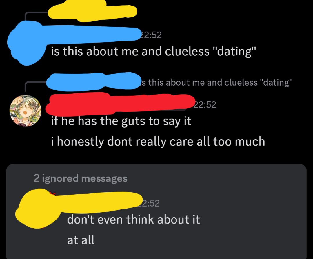cluelessPlague's tweet photo. yellow: ex
blue: gf
red: me https://t.co/AzUtNme8Bk