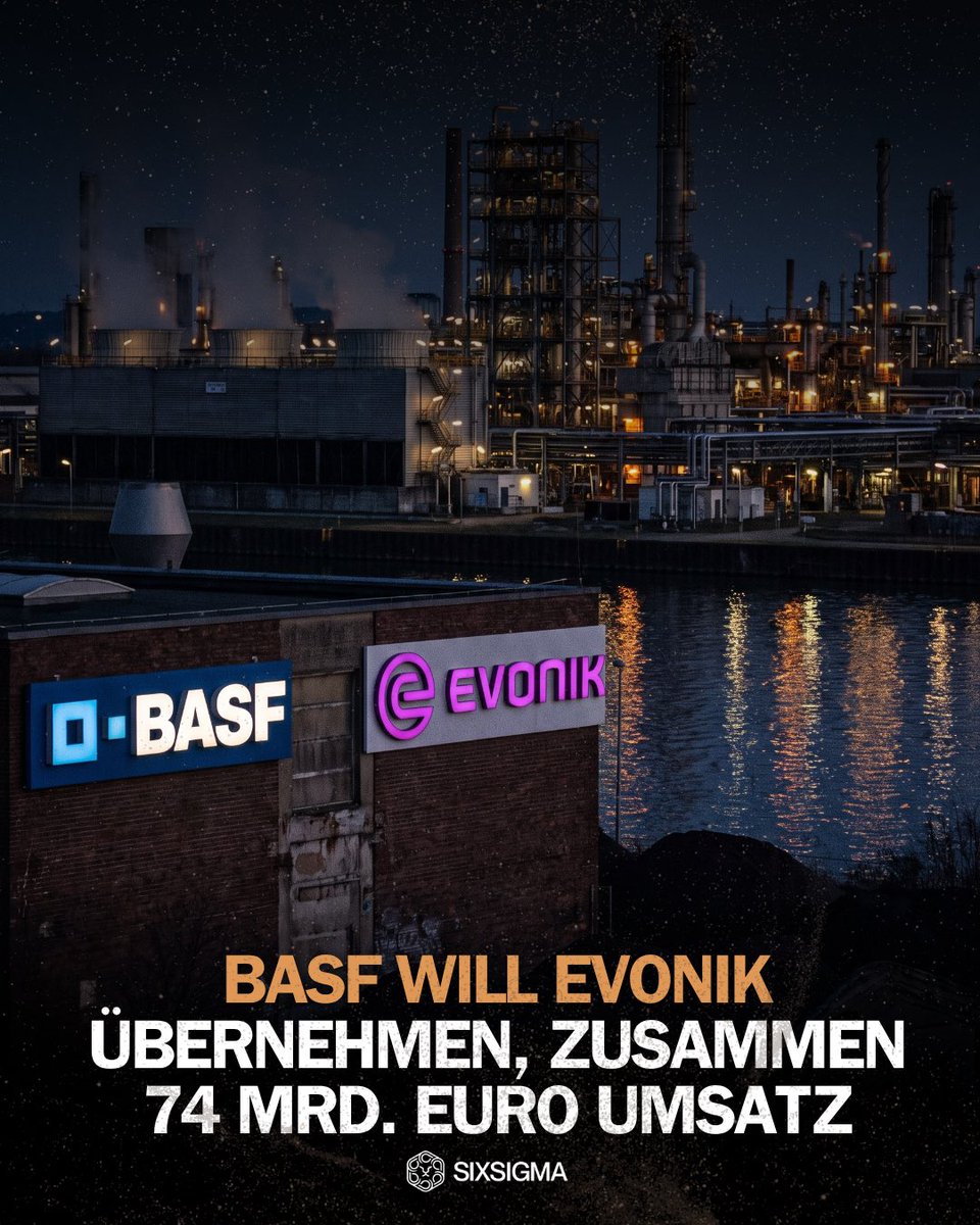 sixsigmasyn's tweet photo. BASF will offenbar den Konkurrenten Evonik übernehmen. 

Das berichtet die Financial Times.

Der weltgrößte Chemiekonzern hat demnach Evonik und dessen Großaktionär, die RAG Stiftung, angesprochen. Die Stiftung hält 43 Prozent und gilt als entscheidend für einen Deal.
Evonik ist an der Börse rund 8,4 Milliarden Euro wert. BASF selbst kommt auf etwa 47 Milliarden Euro.

Zusammen würden beide Konzerne rund 74 Milliarden Euro Umsatz erzielen. 

Ziel wäre mehr Schlagkraft gegen Konkurrenten wie Sinopec aus China und Dow aus den USA.

Die Evonik Aktie legte nach dem Bericht deutlich zu.