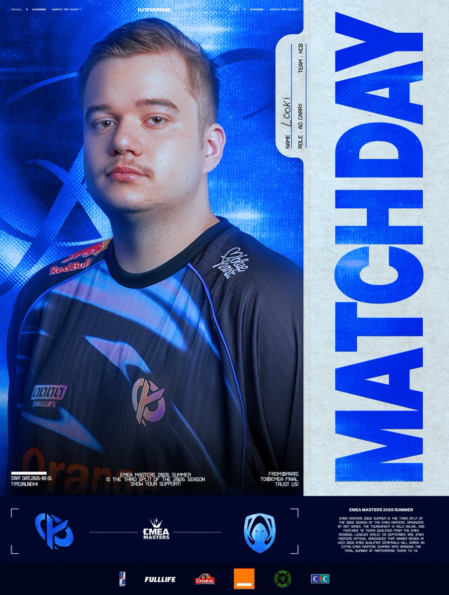 KarmineCorp's tweet photo. 🔴 EMEA Masters 2026 Summer - Swiss Stage Round 4 (BO3)

Un BO3 qualificatif face à une solide équipe : on va chercher les play-offs ! #KCORP 

🆚 @HereticsLES 
🕗 Prévu à 20h
📺 https://t.co/7MJDqGvmth https://t.co/Z6Cj7FfmVX