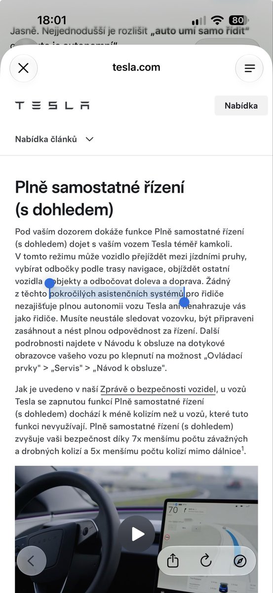 Supervasek's tweet photo. @mystrose78 @Alisczech @Lenka_Schanova Vaši teorii musíte vysvětlit i samotné Tesle, sama tento systém popisuje jako  sadu pokročilých asistenčních systémů. https://t.co/qthkrtHjR2