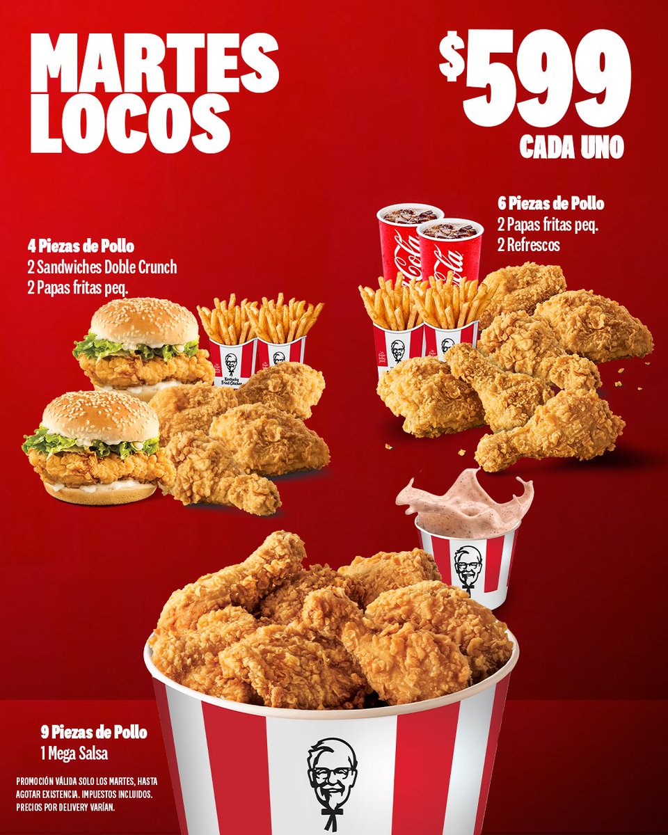KFCRepDom's tweet photo. Martes de resolver sin pensarlo mucho. 🍗🔥 $599 c/u. ¿Cuál te vas a dar?

•⁠ ⁠Impuestos incluidos
•⁠ ⁠Disponible en todos nuestros restaurantes.
•⁠ ⁠Aplica para comer en el restaurante, Autorápido, para llevar, para delivery por Uber Eats y Pedidos Ya (precios varían).

#KFC #Promocion #KFCRepDom