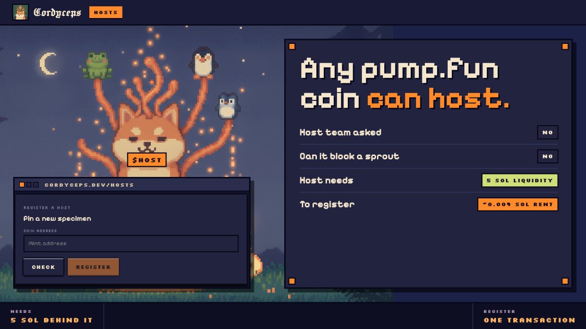 cordyceps_sol's tweet photo. Any https://t.co/5M1N9TkqYW coin can be a host

5 SOL behind it and one transaction to register

Its team is not asked and cannot block it

From then on anyone can grow a sprout on it, and every trade of that sprout eats its supply https://t.co/11WzIQSiK2