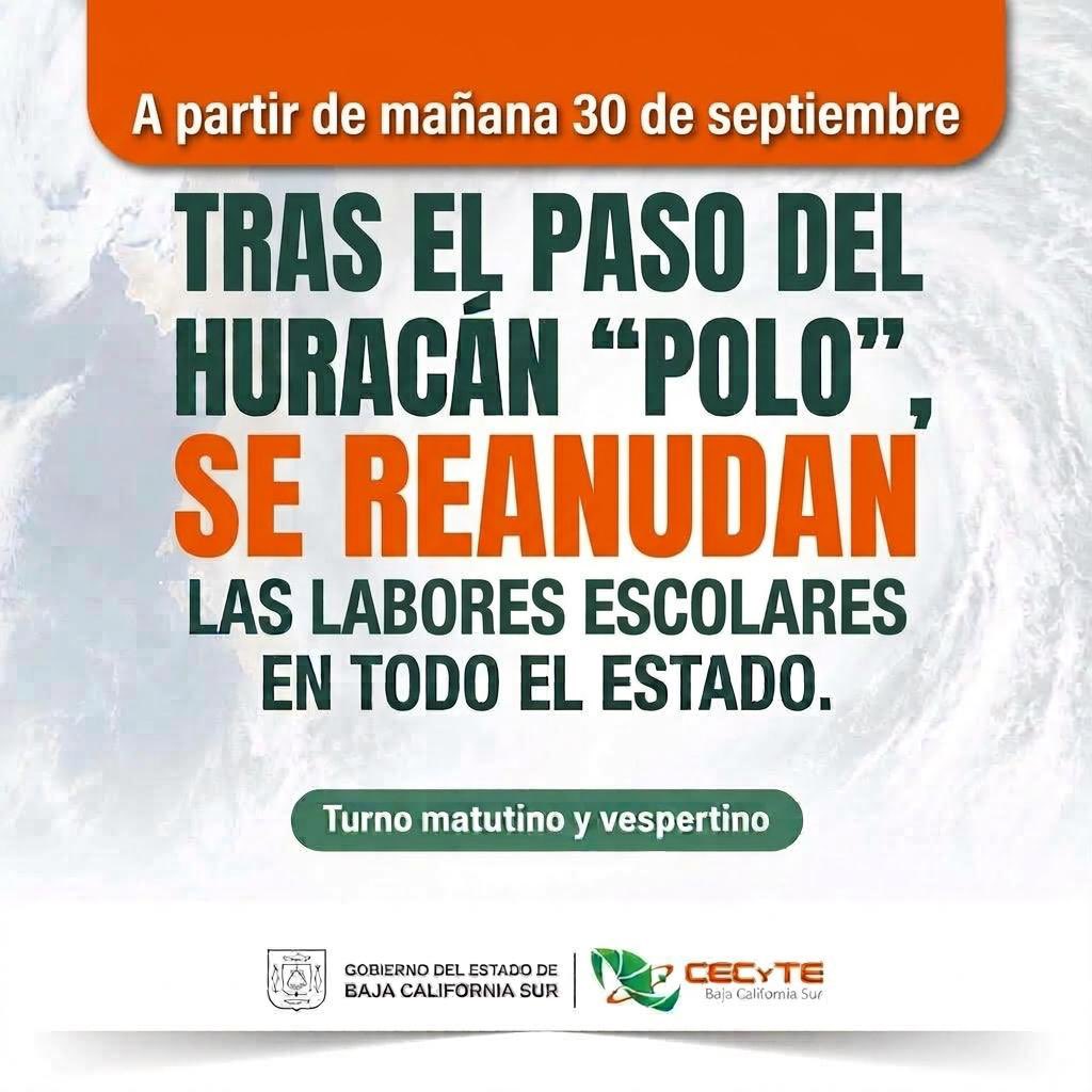 CECYTE_BCS's tweet photo. 🧡💚 ¡Mañana regresamos a clases! 📚✨

Tras el paso del huracán Polo, mañana miércoles 30 de septiembre se reanudan las labores escolares en todos los planteles de #CECyTEBCS, tanto en el turno matutino como vespertino. 🏫

#CECyTEsComunidad #RegresoAClases https://t.co/oqsU0Y7gRR
