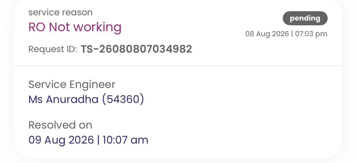pkm024's tweet photo. @Livpure_India @Livpure_India 
#livepure #livepuresmart
#patheticservice Raised a complaint on 8th aug in between once a service guy came done something closed the complaint as resolved but the same problem persists and no one to attend call..what’s happening @Livpure_India https://t.co/CcixLmNqEi