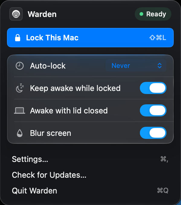 A macOS menu for the 'Warden' application showing options to 'Lock This Mac', set 'Auto-lock' to 'Never', and toggle 'Keep awake while locked', 'Awake with lid closed', and 'Blur screen'.