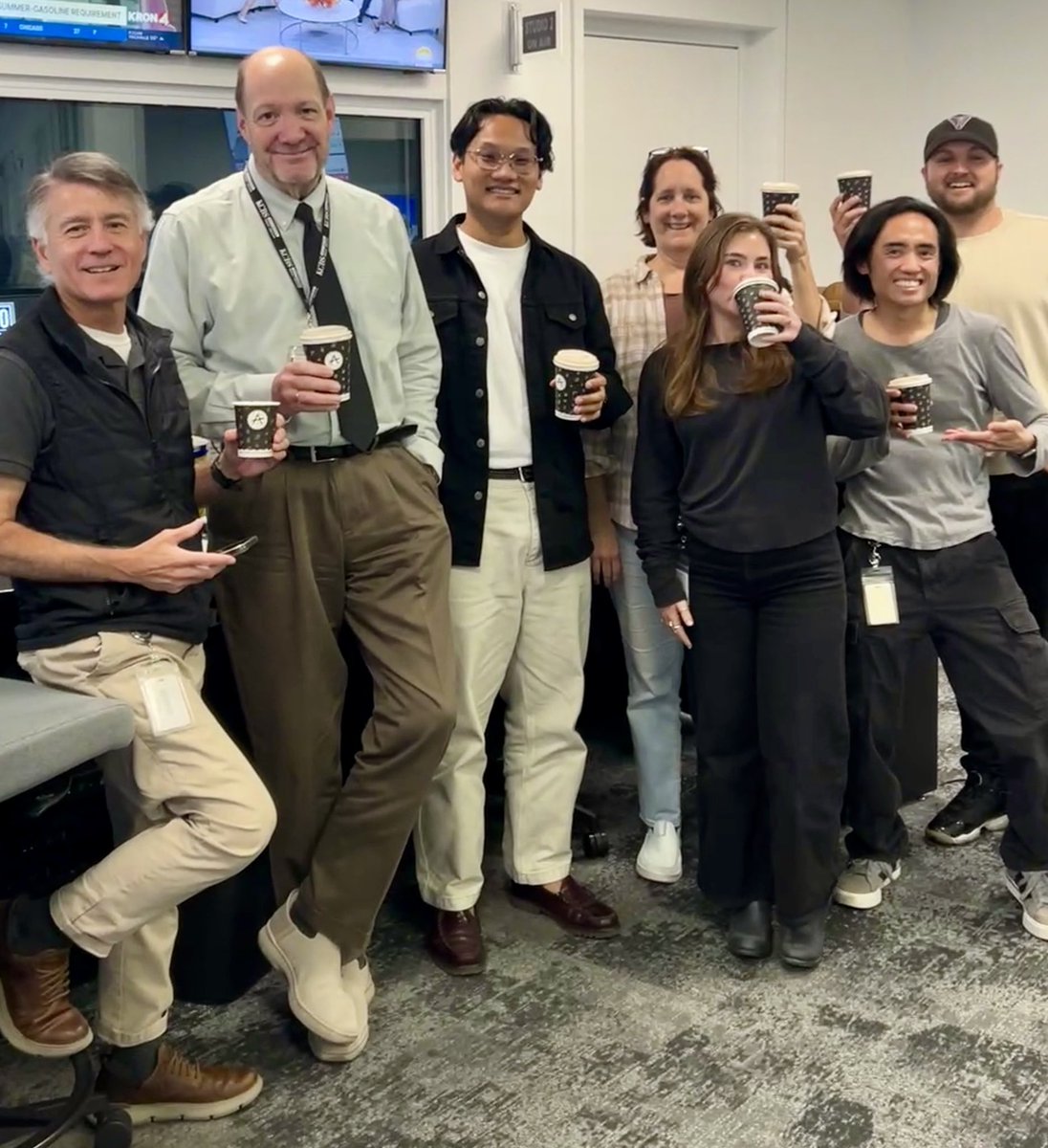 SteveScottNEWS's tweet photo. The @KCBSRadio morning newsroom crew is celebrating #NationalCoffeeDay! ☕️☕️

(L-R) Frni, Steve, Randy, Claire, Juliana, Matt, Steven https://t.co/y0nkvd8ISp