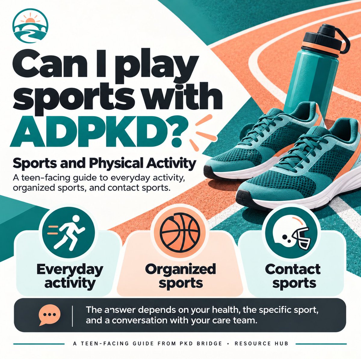 PKDBridge's tweet photo. Can I play sports with #PKD? Usually, that isn’t one yes-or-no question. Everyday exercise, organized sports, and contact/collision sports raise different questions. Our teen-facing guide explains what to ask and who to talk to. https://t.co/deMdQQNVrj #KidneyHealth #YouthSports https://t.co/z1S0UsKk6O