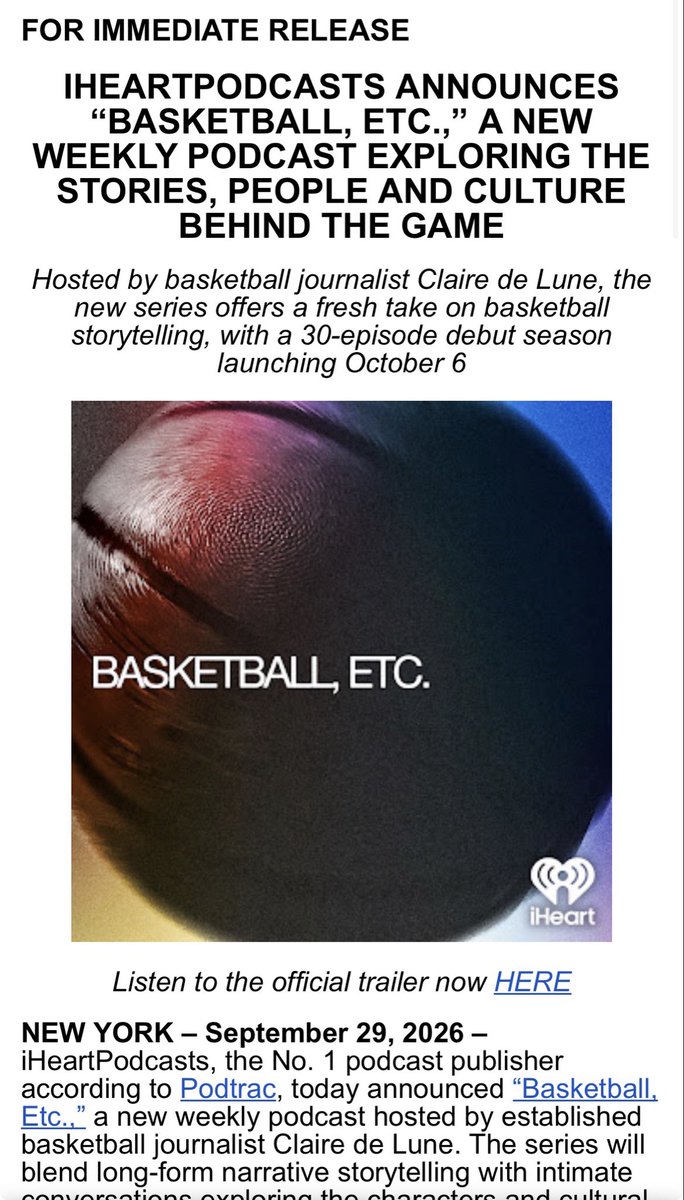 ClaireMPLS's tweet photo. i couldn’t find the basketball podcast i wanted to listen to…so i made it myself.

introducing Basketball, Etc. from @iHeartPodcasts. untold & undertold basketball stories, every tues. no hot takes, no yelling. no couch GMs. just storytelling w heart, nuance & love for the game

subscribe now! first episode drops oct 6 

https://t.co/LokuZJ4SKc