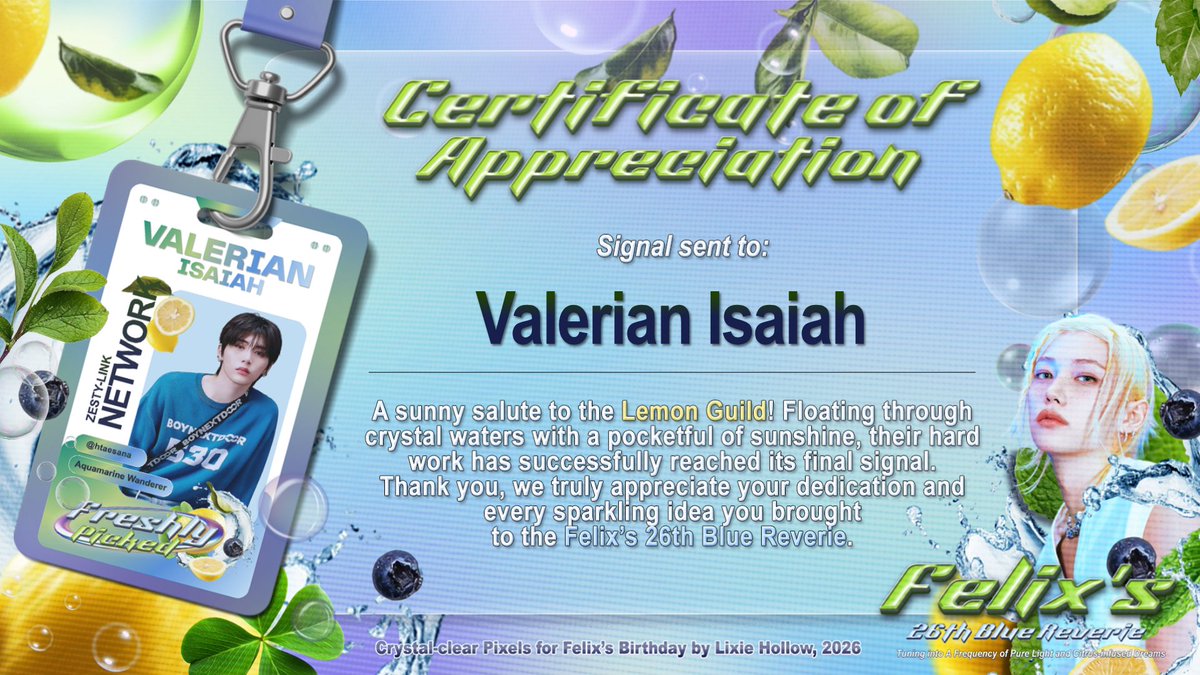 Taescn's tweet photo. As water splash gently greets, I carefully settle the transparent glass in place. 🐬 I, Valerian Isaiah, representing Zesty-link Network, have meticulously curated this 𝗙𝗲𝗹𝗶𝘅’𝘀 𝟮𝟲𝘁𝗵 𝗕𝗹𝘂𝗲 𝗥𝗲𝘃𝗲𝗿𝗶𝗲, infused with spirited essence of citrus core.✮ https://t.co/CFEP0YYO53