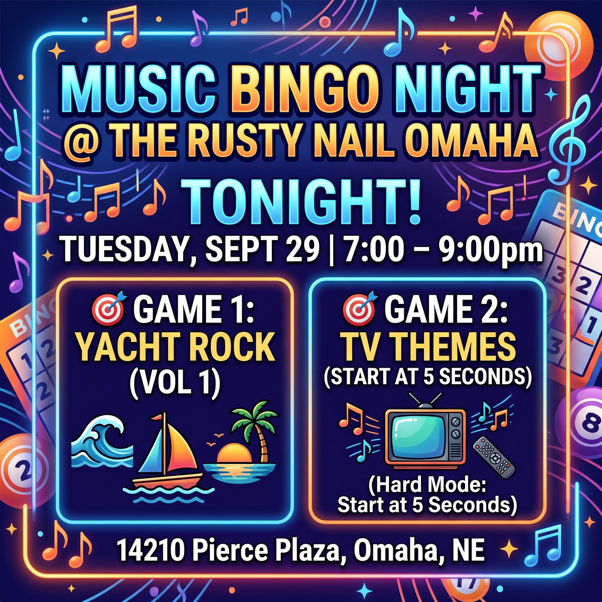 QuizBingo's tweet photo. x⛵️ Smooth sailing and screen time! 📺 Join us TONIGHT for Music Bingo at The Rusty Nail!

Grab a drink, grab a card, and test your music knowledge across two epic rounds:

🎯 Game 1: Yacht Rock (Vol 1)Channel your inner 70s session musician. We’re spinning the smoothest, sun-drenched hits from Ambrosia, Hall & Oates, the Eagles, and more. (Did you know "What a Fool Believes" was improvised on the spot? Come hear the magic.)
🎯 Game 2: TV Themes (Hard Mode!)Think you know your TV intros? We’re testing you right from the 5-second mark! From the cinematic tension of The Sopranos and Peaky Blinders to the quirky warmth of The Office and Scrubs.

📅 TONIGHT! Tuesday, Sept 29 | 🕖 7:00 PM - 9:00 PM 📍 The Rusty Nail | 14210 Pierce Plaza, Omaha, NE
Free to play, fun to win. See you there! 🍻🎶

#RustyNailOmaha #OmahaEvents #OmahaNE #MusicBingo #YachtRock #PubTrivia #OmahaNightlife