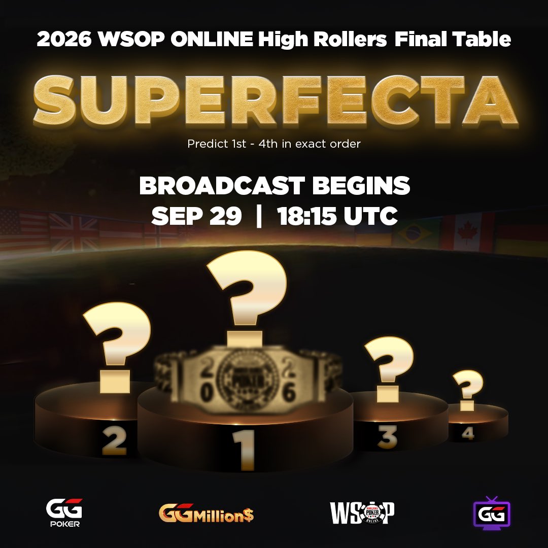 GGPoker's tweet photo. 🎯 CAN YOU HIT THE SUPERFECTA 🎯

WSOP ONLINE HIGH ROLLERS FINAL TABLE❗️

If you can predict the order of the final 4, you'll win a $150 ticket to any WSOP Express Step 4.

Predictions close at 1800 UTC, Tuesday. Action starts at 1815 UTC on https://t.co/vwdUgEmxK2.

Players listed in comments. Answer with your nickname & #WSOPOnline #GGPoker

You must:
Have a GGPoker Account ✅
FOLLOW ✅
LIKE ✅
QUOTE REPOST with #WSOPOnline SUPERFECTA ✅