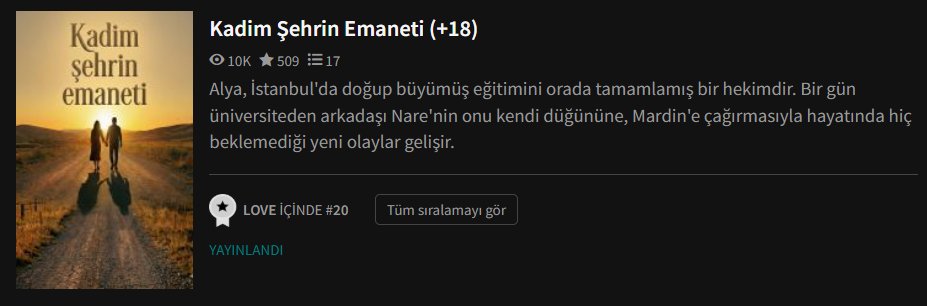 k4tilhamsi's tweet photo. Canlarım, merhaba. Size uzunca teşekkür etmek istiyorum. Kadim Şehrin Emaneti isimli kurgum Wattpad'de 10k görüntülenmeye, Ao3'te ise neredeyse 600 okura ulaştı. Kimileri için az kimileri için çok, benim için kıymetli olan bu durumda size bir teşekkürü borç biliyorum. 

Burada ayrı bir parantez açmak istediğim biri var. @delilomorda onun "Beş Saniye" kurgusunu okumamla dedim ki, ben neden kendi kurgumu yazmıyorum. İlk başta "En Güzel Halinle" isimli bir kurgu yazmaya başladım. Fazlasıyla amatördüm onda, ona rağmen o da 8 bölümle 11k görüntülenme aldı Wattpad'de. Ki yarım bırakılmış bir hikaye olmasına rağmen halen daha yeni kişiler okumaya başlıyor onu.

Bu ilginç serüvene beni dahil ettiği için ona, sonrasında beni desteklediğiniz için de sizlere sonsuz kez teşekkür ediyorum. İyi mi oldu kötü mü oldu buraya başlamam bilmiyorum, fazlasıyla zorlu geçiyor Uzak Şehir sağ olsun ancak yine de mutluyum ve belki de hayatımda çok şey değiştirdi bu durum. 

Hepinize kucak dolusu sevgiler, yeni bölüm ve yeni kurgularda görüşmek dileğiyle. 

Sanki veda ediyormuşum gibi oldu ancak bu kurgu bitmeden size veda yok, ondan sonrasına sonra bakarız. Kendinize iyi bakın.