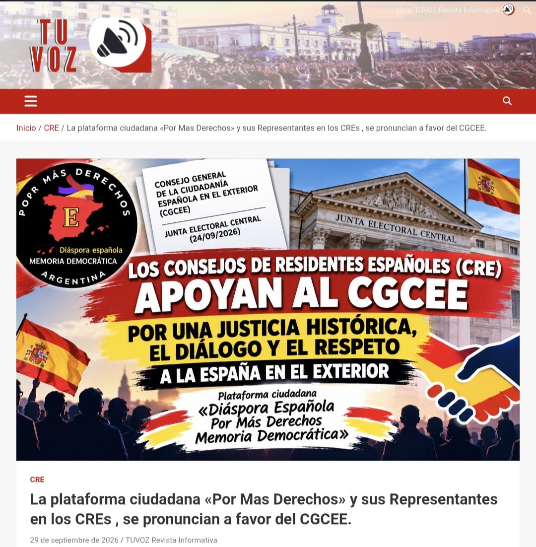 DiasporaEspa's tweet photo. La plataforma ciudadana «Por Más Derechos» y sus Representantes en los CREs , se pronuncian a favor del CGCEE.

29 de septiembre de 2026  TUVOZ Revista Informativa
Comunicado oficial.

Desde la plataforma ciudadana, «Diáspora Española Por Más Derechos Memoria Democrática y sus consejeros y consejeras miembros del CRE demarcaciones consulares de Córdoba y Rosario, Argentina, asi como sus representantes en lista en el CRE de Buenos Aires «POR MÁS DERECHOS» y sus representaciones en Latinoamérica y en Europa,(Consejo de Residentes Españoles creados por el Real Decreto 1960/2009, de 18 de diciembre y por la Orden AEC/2172/2010, de 13 de julio) y en concordancia con otros representantes de CREs en el exterior, manifestan su total apoyo al escrito remitido por el CGCEE (Consejo General de la Ciudadanía Española en el Exterior) a la JEC (Junta electoral central), y definen lo siguiente...

https://t.co/IEaioS0oQp
