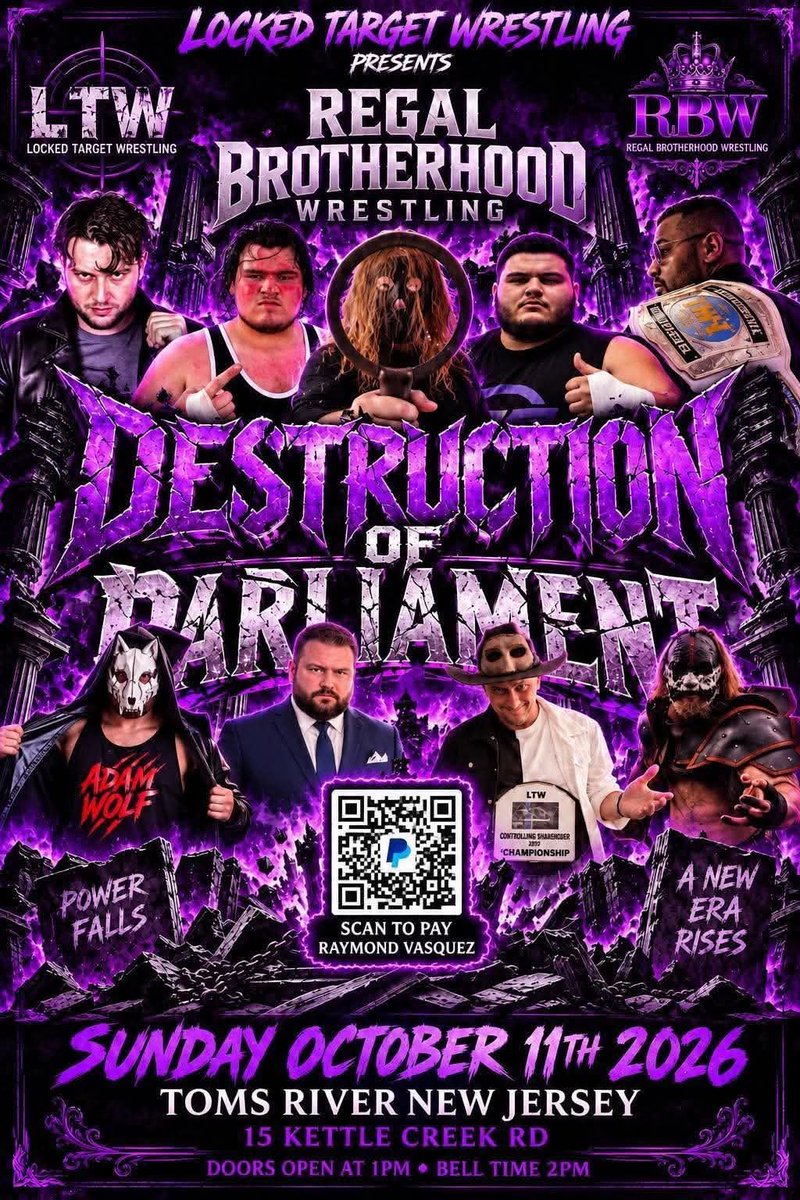 PauldWillis1980's tweet photo. RBW: Destruction of Parliament is locked in for Sunday 11th October at the Silverton Fire Dept in Tom's River, NJ !

Some amazing matches announced !

Tickets are just $25 and can be purchased by scanning the QR Code on the event poster below.

We hope to see you all there ! https://t.co/uKOFDO0fBZ