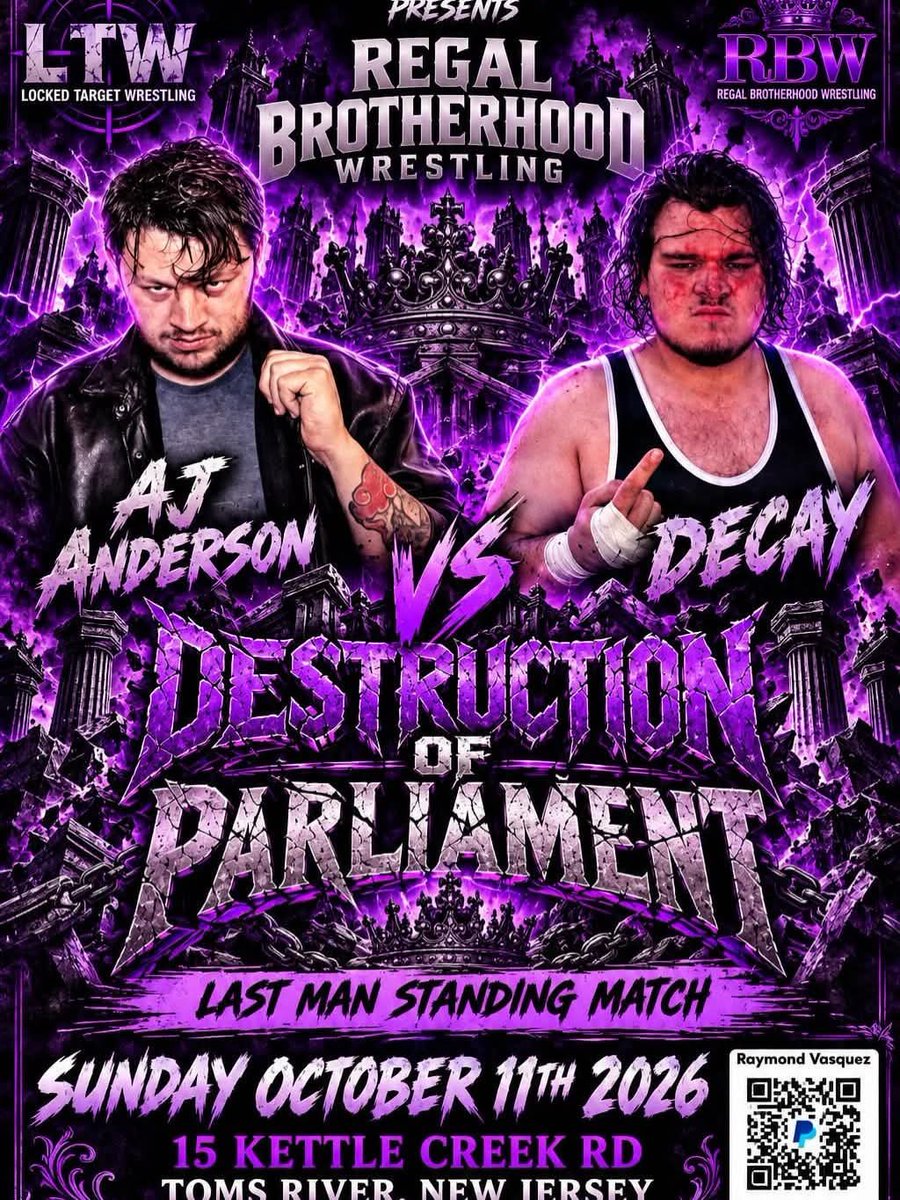 PauldWillis1980's tweet photo. RBW: Destruction of Parliament is locked in for Sunday 11th October at the Silverton Fire Dept in Tom's River, NJ !

Some amazing matches announced !

Tickets are just $25 and can be purchased by scanning the QR Code on the event poster below.

We hope to see you all there ! https://t.co/uKOFDO0fBZ