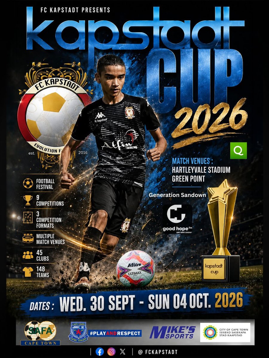 QuicketSA's tweet photo. The Kapstadt CUP ⚽

SA’s premier youth football festival! Watch top U7–U20 academy teams - incl. Mamelodi Sundowns FC &amp; Stellenbosch FC - compete live across Cape Town venues. 

🎟️ Get your tickets on Quicket to support the future of African football! https://t.co/v2I5xIpOE3 https://t.co/Y3PgM1e0fO