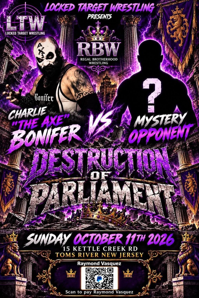 PauldWillis1980's tweet photo. RBW: Destruction of Parliament is locked in for Sunday 11th October at the Silverton Fire Dept in Tom's River, NJ !

Some amazing matches announced !

Tickets are just $25 and can be purchased by scanning the QR Code on the event poster below.

We hope to see you all there ! https://t.co/uKOFDO0fBZ
