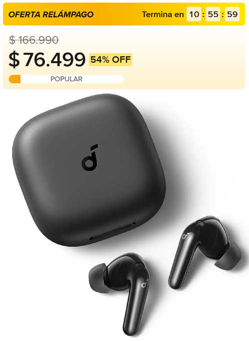 A promotional advertisement for black wireless earbuds showing a flash sale price of $76.499 (54% off from $166.990) with "OFERTA RELÁMPAGO" and "POPULAR" labels.