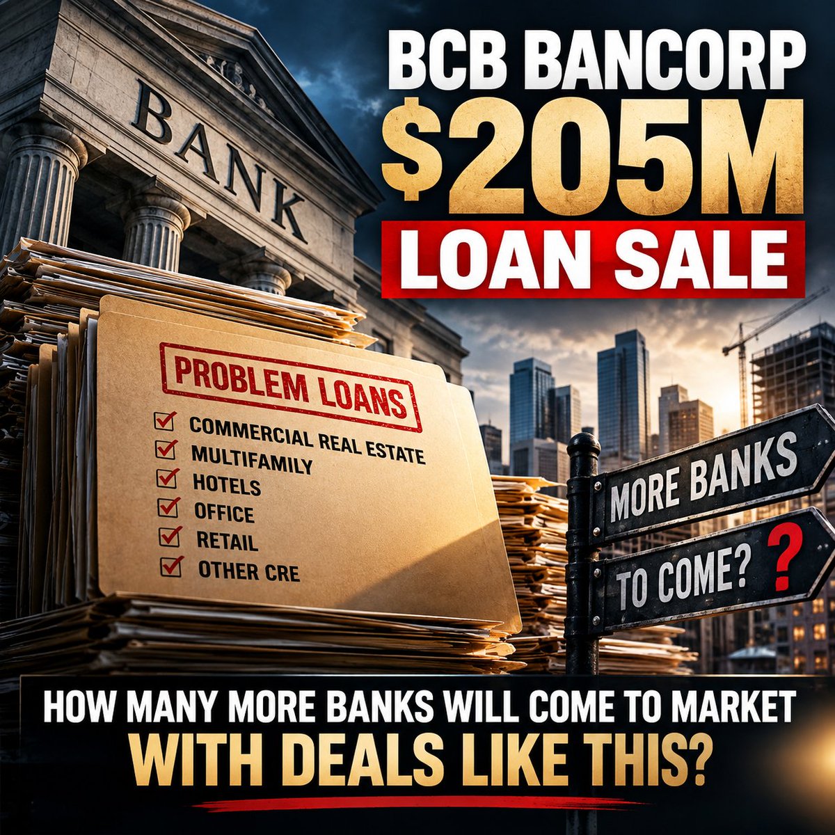 CREValueLab's tweet photo. BCB Bancorp’s $205M problem loan sale is one to watch.

Roughly $181M of the portfolio is commercial and multifamily real estate loans.

The bigger question: How many more banks will come to market with deals like this?

Banks have spent years extending, modifying and working through troubled CRE loans. At some point, some will decide it's time to clean up the balance sheet and move on.

If BCB is a sign of what's coming, we could see a meaningful increase in distressed CRE loan sales.

The capital is there. The question is when more banks become sellers.

#CRE #DistressedCRE #CommercialRealEstate #Banking #PrivateCredit