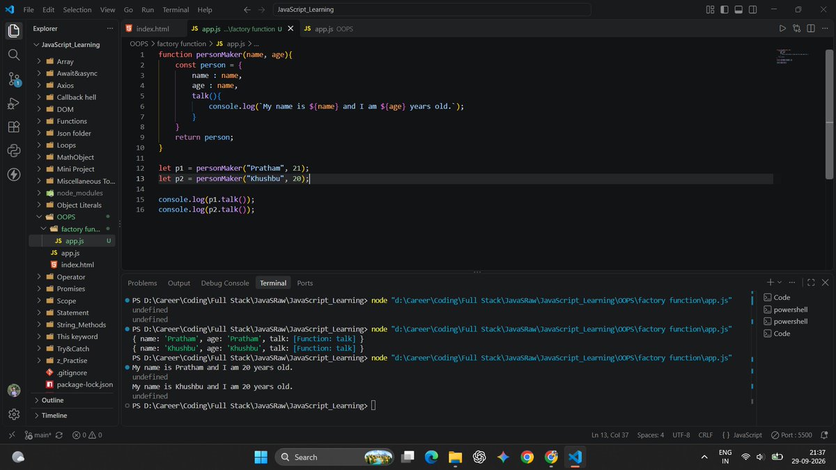 __Aditya_Ch__'s tweet photo. Day 11 of learning backend
✅OOPS concepts
✅Object prototype explanation
✅Factory function
#LearningJourney
#LearninginPublic
#backend https://t.co/alRveSSCzR
