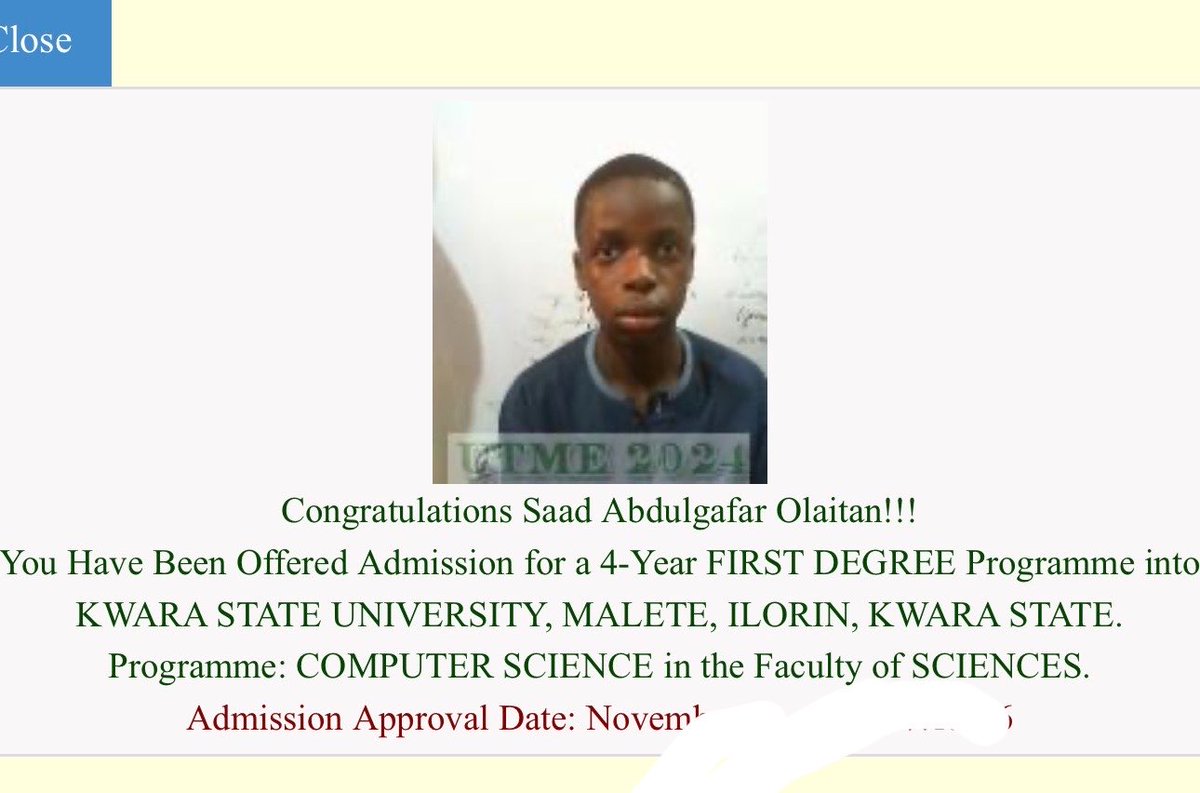 saad_abdulgafar's tweet photo. Congratulations to me 
 I’ve been given admission to study computer science at Kwara State University,  MALETE. 
Just say congrats 🎉 https://t.co/S57vYU3Edh
