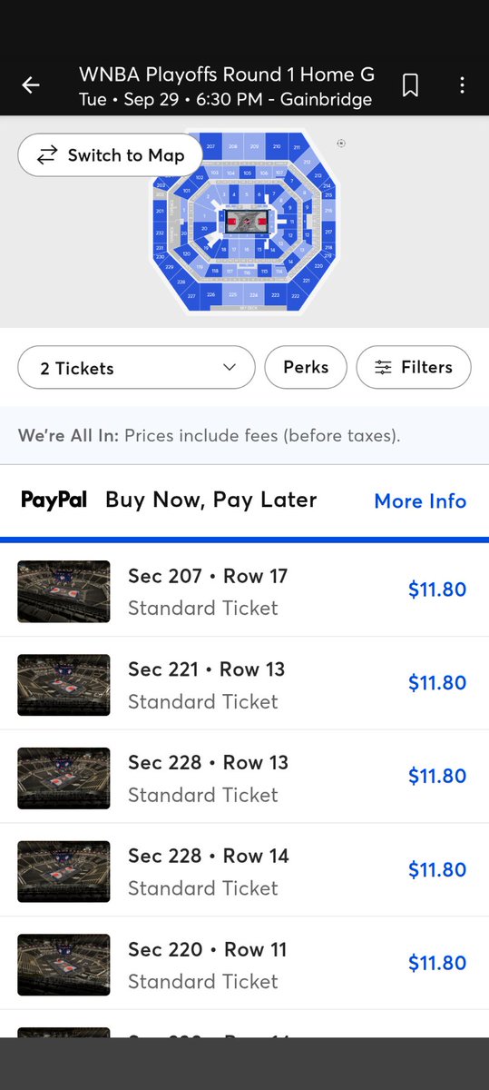 nosoupforgeorge's tweet photo. The current get-in price for today's Fever vs. Aces playoff game is $11.80.

Gainbridge Fieldhouse is nowhere close to sold out.

If the Fever are so popular, why is it this easy to get tickets to a do-or-die playoff game?

And if people are "only watching the WNBA for Caitlin Clark and Sophie Cunningham," why are arenas like Ballhalla selling out for Valkyries vs. Wings, when SC and CC aren't even involved?