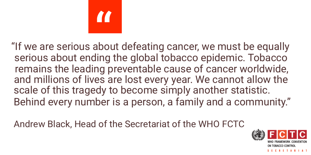 FCTCofficial's tweet photo. At the #WorldCancerCongress 2026, organized by the @uicc, Andrew Black, Head of the Secretariat of the WHO Framework Convention on Tobacco Control, delivered a keynote address on the future of tobacco control.

A powerful reflection on where tobacco control stands today, the challenges ahead, and what is needed to protect health and save lives.

Explore the full speech here ->
🔗 https://t.co/Jd2K6haEdw

#FCTCSavesLives #WCC2026 #Cancer