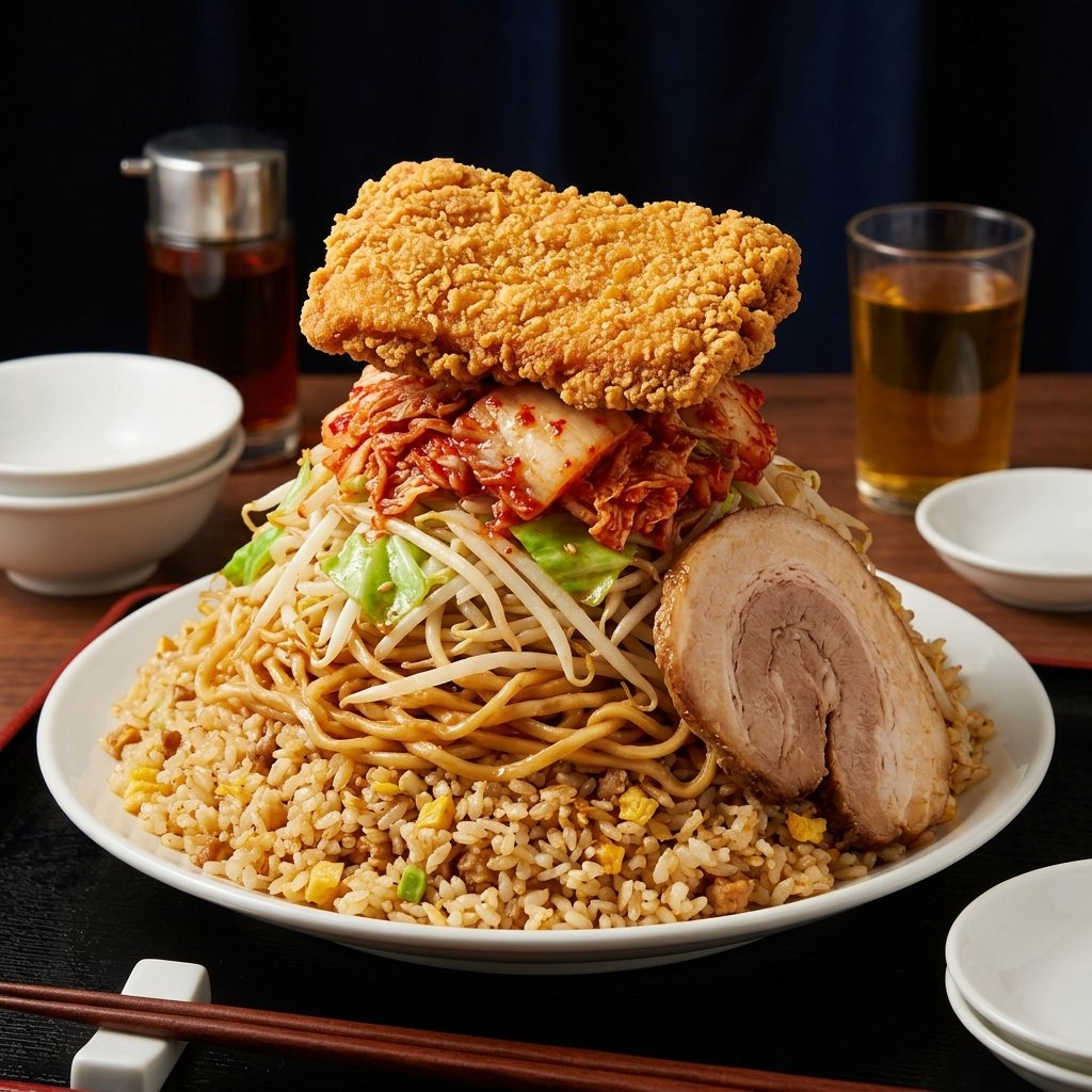 iciclegame's tweet photo. 満腹濃厚豚ラーメン×炒飯×白菜キムチ2P×Ｌチキレギュラー（×ごま油）で豚骨チキンキムチ炒飯タワー🔥
①温める→②ラーメンの麺・具材、炒飯、白菜キムチ、ごま油を豪快に混ぜ合わせ、大皿へ山盛りに盛り付ける→③Lチキを乗せて完成！
※Gemini作成の架空レシピです
#Geminiで生成ローソンバズ飯 https://t.co/TMmqmoNQYq