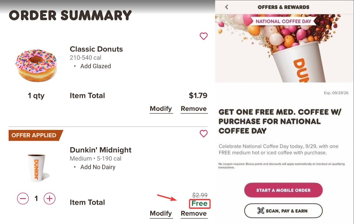 Pricerrors's tweet photo. FREE DUNKIN’ COFFEE + DONUT ☕🍩

Open the Dunkin’ app > sign in > add a donut and medium coffee, then redeem the offer @ checkout.

Happy National Coffee Day!