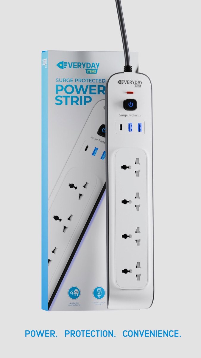 An "Everyday Items" branded Surge Protected Power Strip with 4 adapter connections, USB-C charging, and a power button, shown alongside its packaging with the tagline "POWER. PROTECTION. CONVENIENCE."