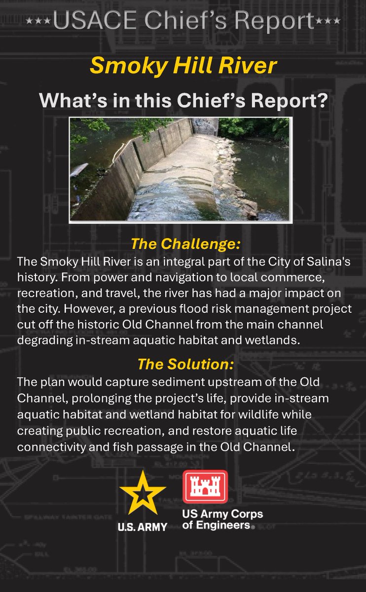USACEHQ's tweet photo. Lt. Gen. William "Butch" Graham, Jr., USACE Commanding General and 56th Chief of Engineers, has signed the Smoky Hill River Aquatic Ecosystem Restoration Chief's Report, proposing restoration of the river's aquatic system in Salina, Kansas. Check out the following to learn more! https://t.co/dFUbDBZewh