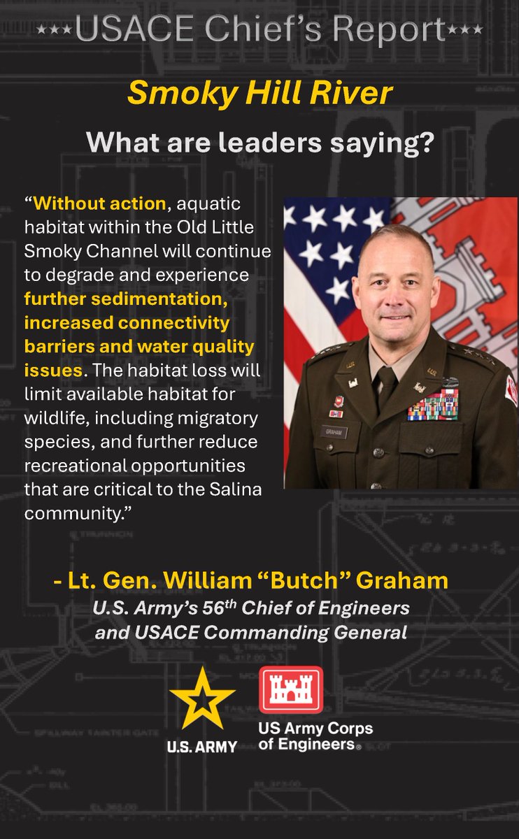 USACEHQ's tweet photo. Lt. Gen. William "Butch" Graham, Jr., USACE Commanding General and 56th Chief of Engineers, has signed the Smoky Hill River Aquatic Ecosystem Restoration Chief's Report, proposing restoration of the river's aquatic system in Salina, Kansas. Check out the following to learn more! https://t.co/dFUbDBZewh