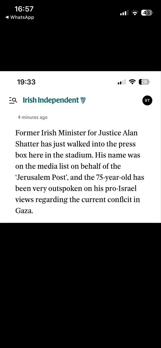 Alan__Shatter's tweet photo. From Irish Independent online Sunday evening just before the Israel v Ireland match started in Debrecen. Been reflecting on this somewhat ageist reference. Didn’t see anywhere else reports of the age of others present or who walked into the press box. Is this ageist or a tribute to my vim & vigour.? Total mystery. 
Maybe its a good idea in future that all journos reference their age at the start of their reports so their content can be assessed against their life experience.  Who knows? Open to debate. Of course,  the response of some to this post entirely predictable! Enjoy.