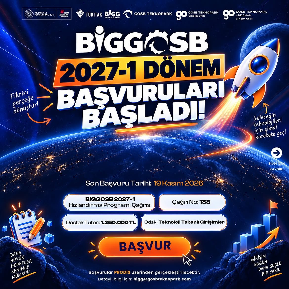 hacibayramedutr's tweet photo. 🚀 BİGGOSB 2027-1 Hızlandırma Programı başvuruları başladı.

Teknoloji ve yenilik odaklı iş fikri bulunan girişimciler için program kapsamında:

💡 İş fikri geliştirme ve doğrulama desteği
🤝 Eğitim ve birebir mentorluk
📊 İş modeli ve proje yapılandırma desteği
🚀 Girişimi yatırıma hazırlama süreci sunuluyor.

📝 Başvuru için:
TÜBİTAK PRODİS sistemine giriş yaparak “Girişimci” rolünü seçebilir, ardından 138 No’lu BİGGOSB 2027-1 Hızlandırma Programı Çağrısı üzerinden başvurunuzu tamamlayabilirsiniz.

📅 Son başvuru: 19 Kasım 2026
🔗 Detaylı bilgi: https://t.co/26MtuKMhsh
📩 İletişim: bigg@gosbteknopark.com