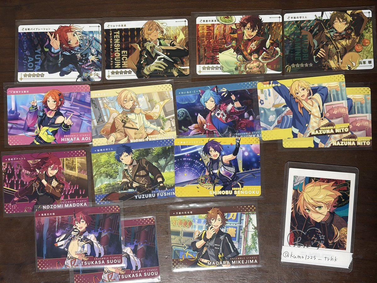 kumo1225_trhk's tweet photo. 【交換】
あんスタ カードダス vol.1 vol.2 

【譲】
R.ゆうた 英智 千秋 翠
N..ひなた 英智 奏汰 なずな 望見 弓弦 ��� 司 斑

【求】
R、N...藍良、真緒
R..レオ、凛月

2:1 異種交換◎

郵送・同日発送希望。初心者の為至らぬ点も多いと思いますが検索からでもお気軽にお声がけ下さい🙇‍♀️ https://t.co/Kzr0j1gIbl